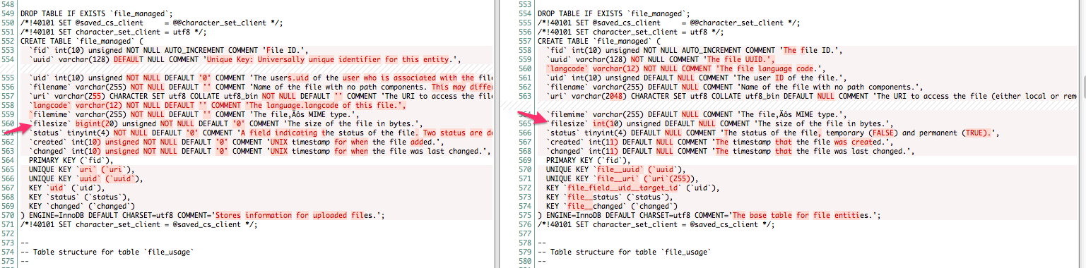 Screenshot of a diff comparing db schema in HEAD to the schema produced by this patch. The filesize db field is indicated. The values between schemas changed from bigint to int erroneously.