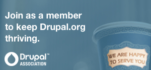 Join as a member to keep Drupal.org thriving. Coffee cup with words We are happy to serve you. Drupal Association logo.