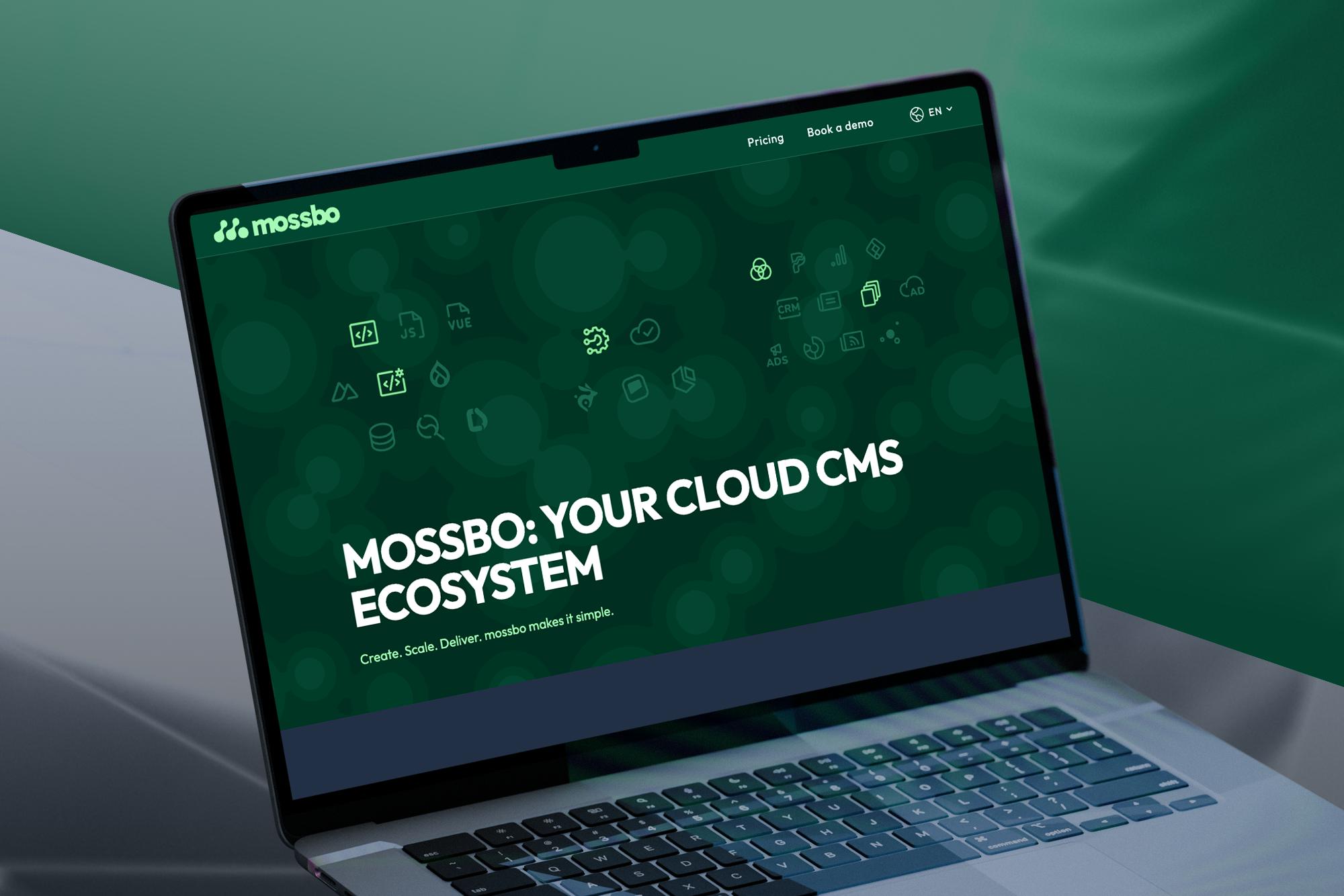 Marketing image with a laptop and the mossbo CMS logo on the screen.
