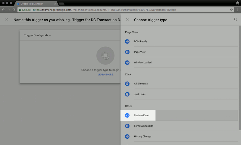 Selecting Custom Event tag type