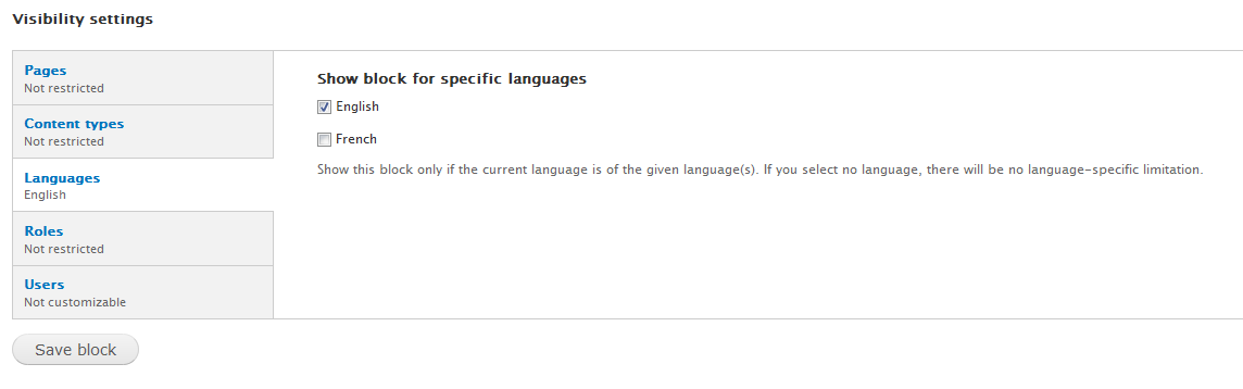 Language visibility settings screenshot