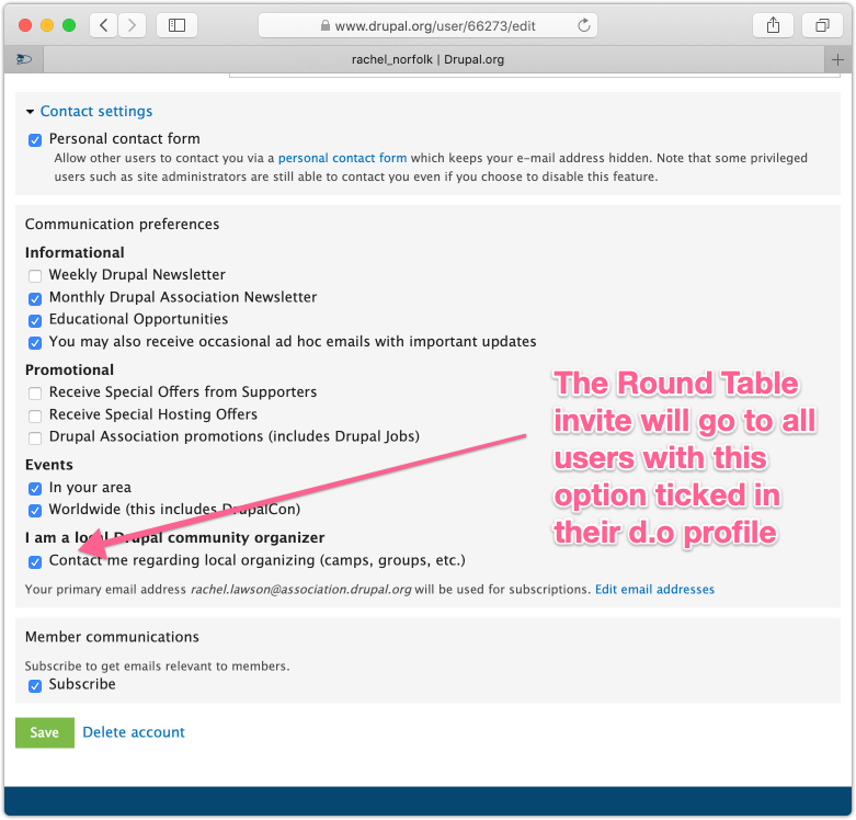 screenshot of user account settings