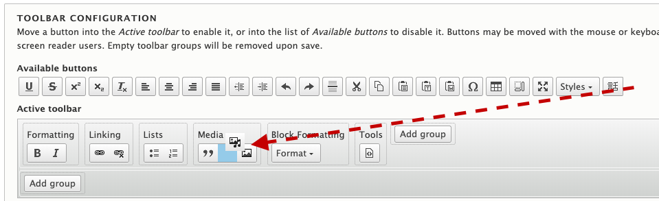 Dragging the Media Library CKEditor button into the toolbar