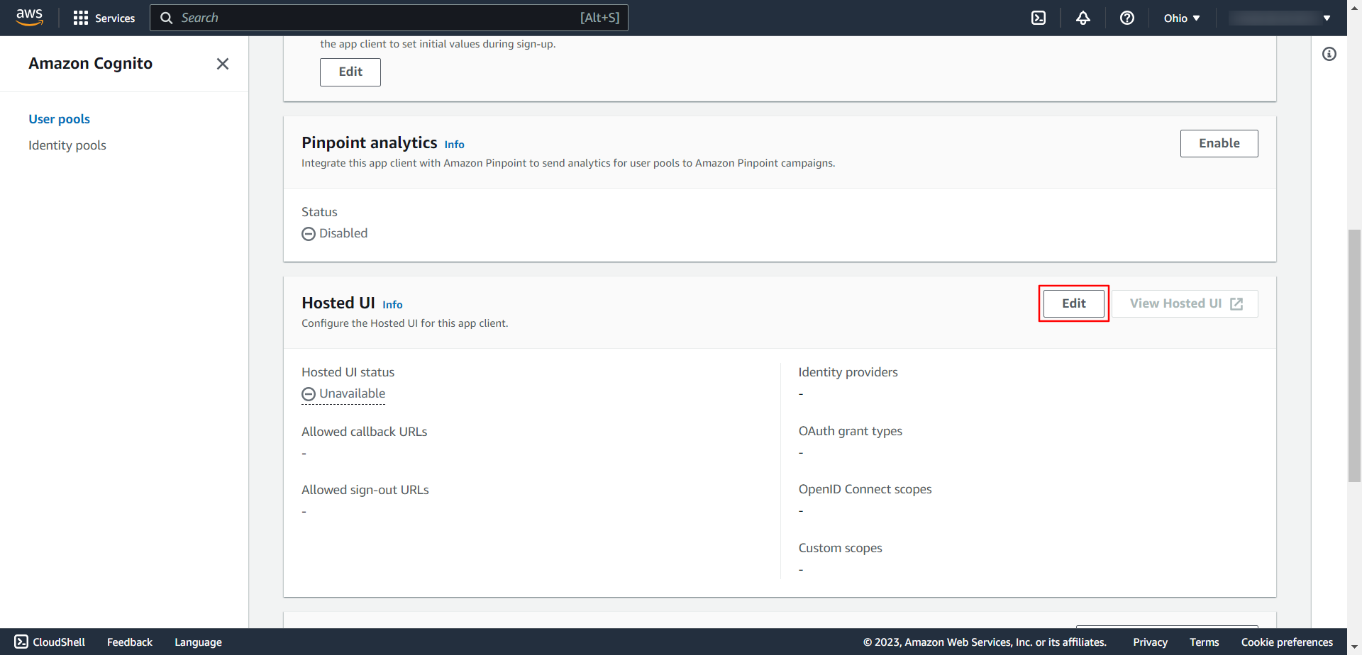 AWS-Cognito-OpenID-Signle-Sign-on-App-client-Hosted-UI-click-on-Edit
