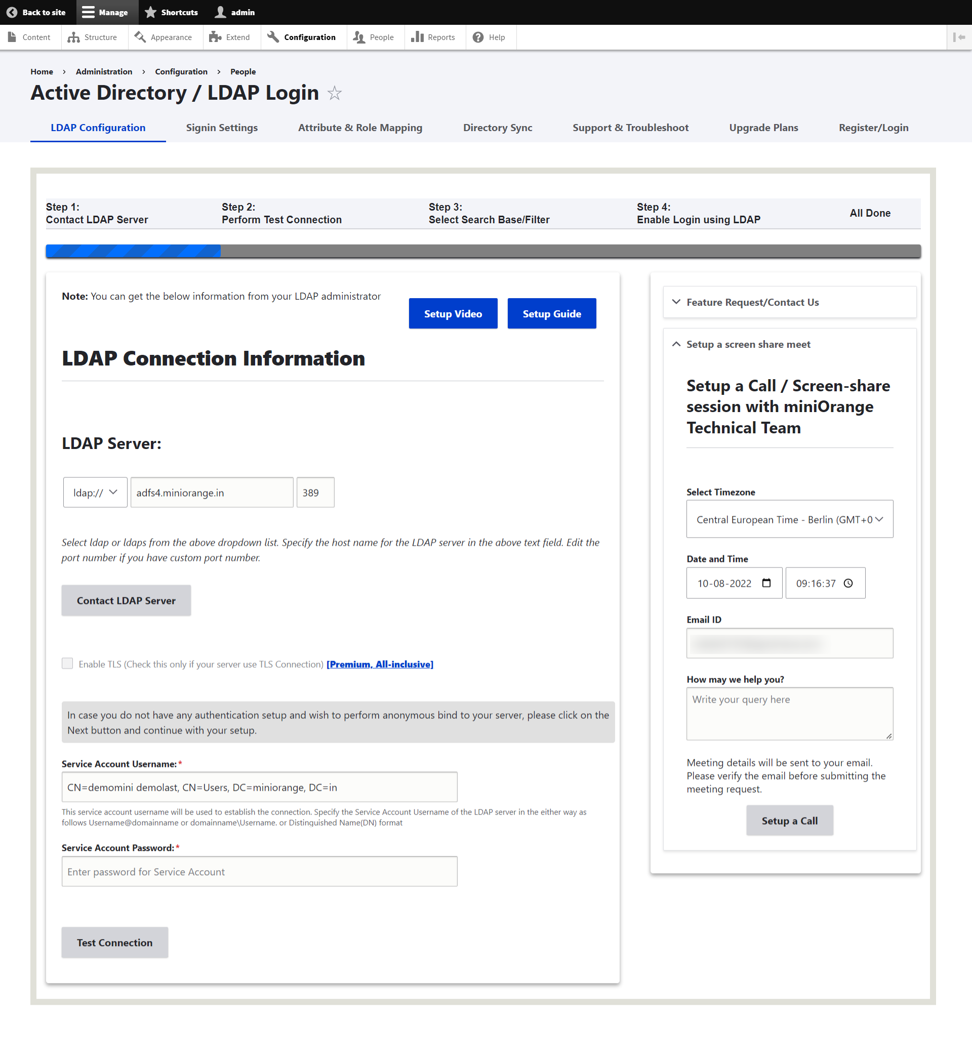 Drupal LDAP- enter service account username