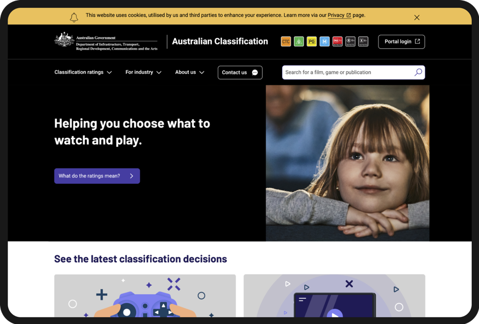 Screenshot of the homepage for classification.gov.au