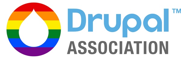 An adapted Pride-themed Drupal Association logo
