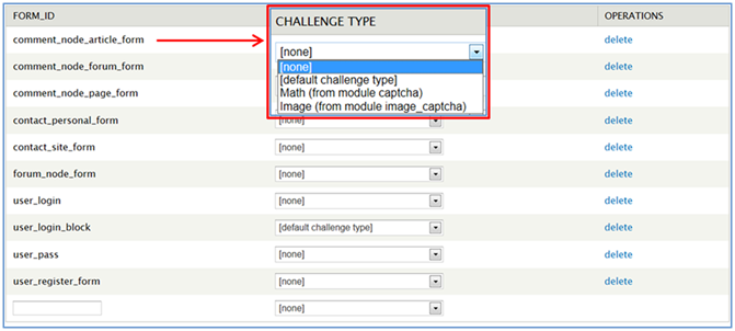 CAPTCHA challenge configuration table options
