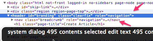 Screenshot of the Chrome dev tools showing the role=navigation attribute on the header element of the seven themes page template