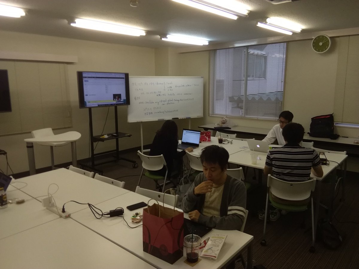 Students seated at two tables during Tokyo GTD event.