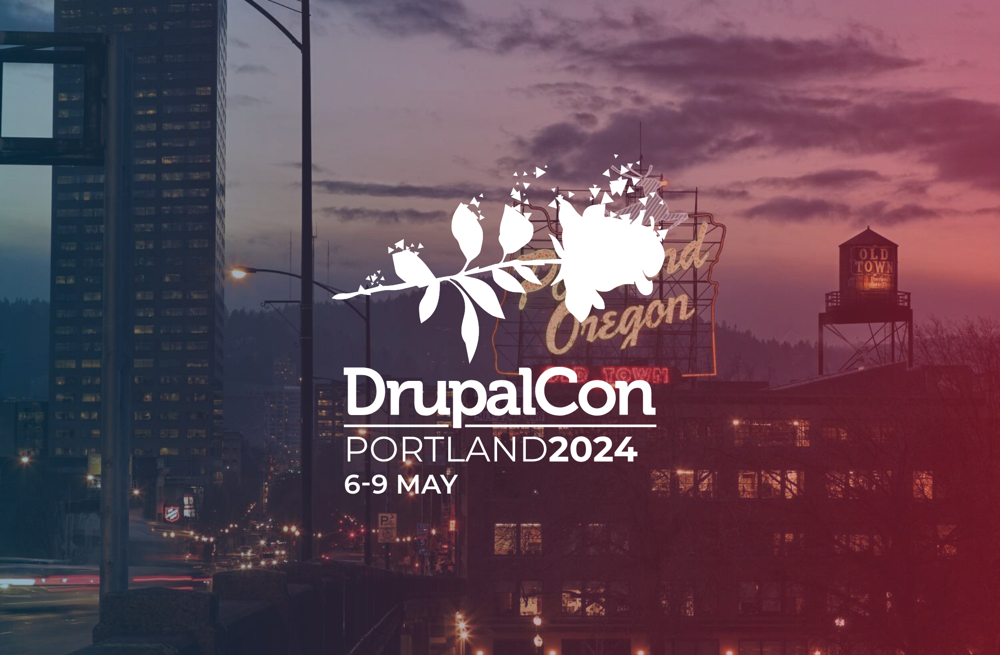 DrupalCon Portland logo over a skyline of Portland