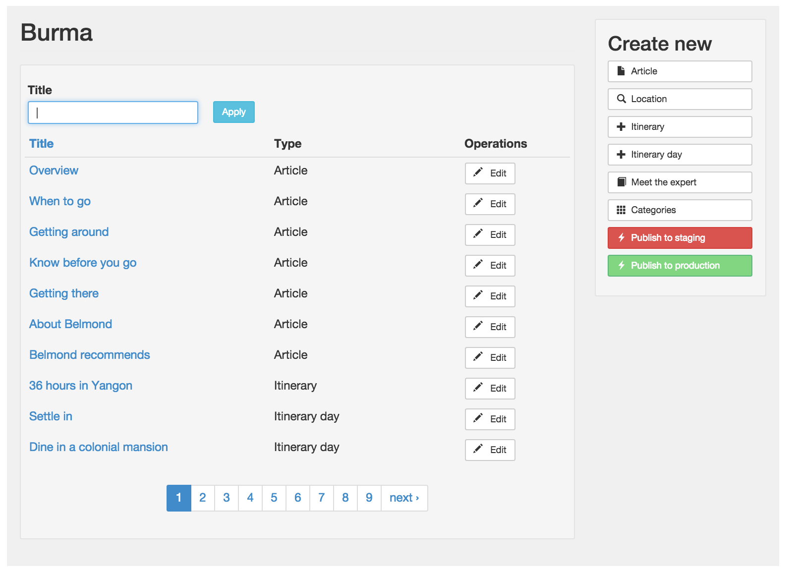 The second dashboard lists available content such as existing guides, locations, cities,