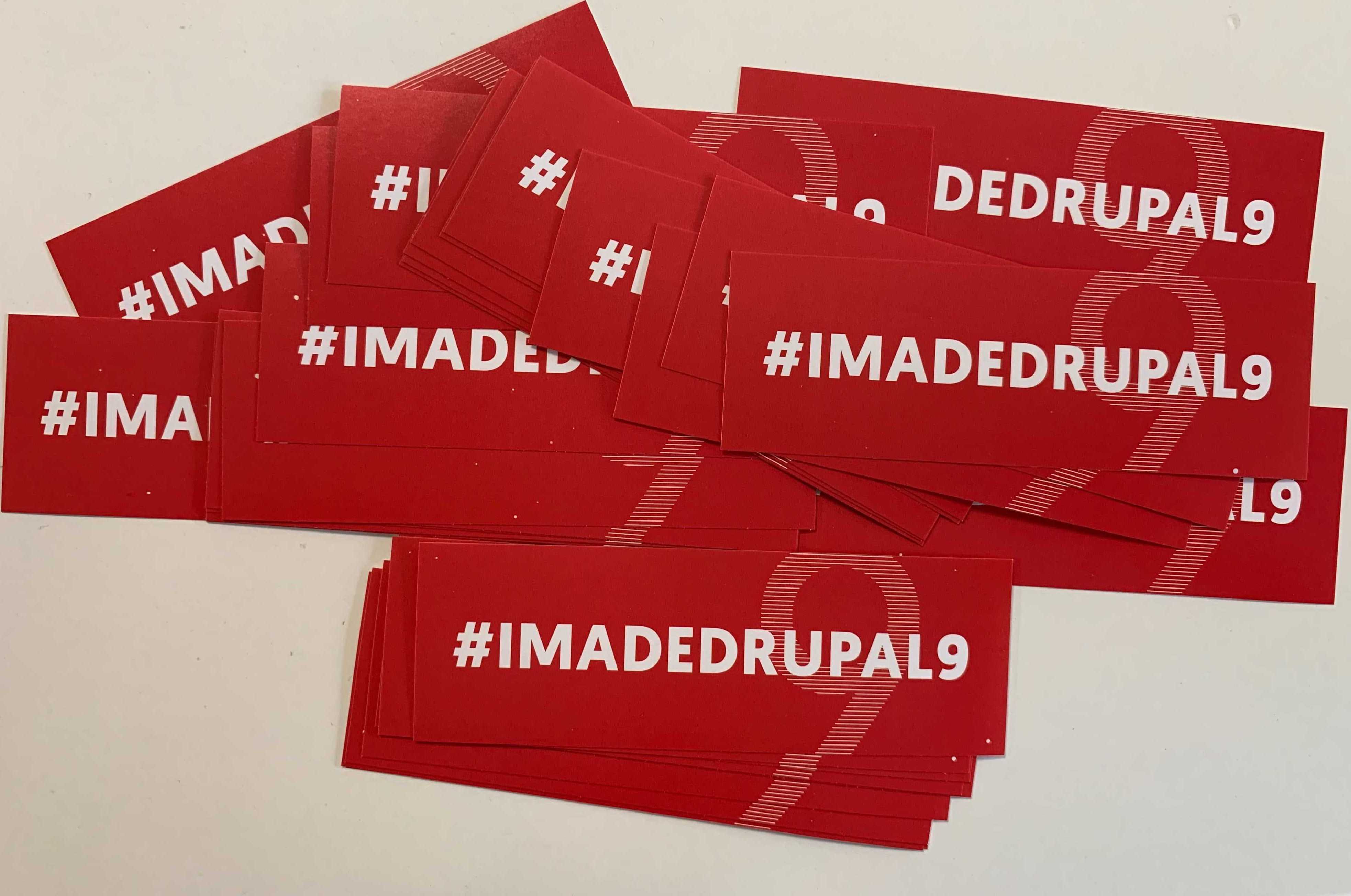 stickers promoting Drupal 9