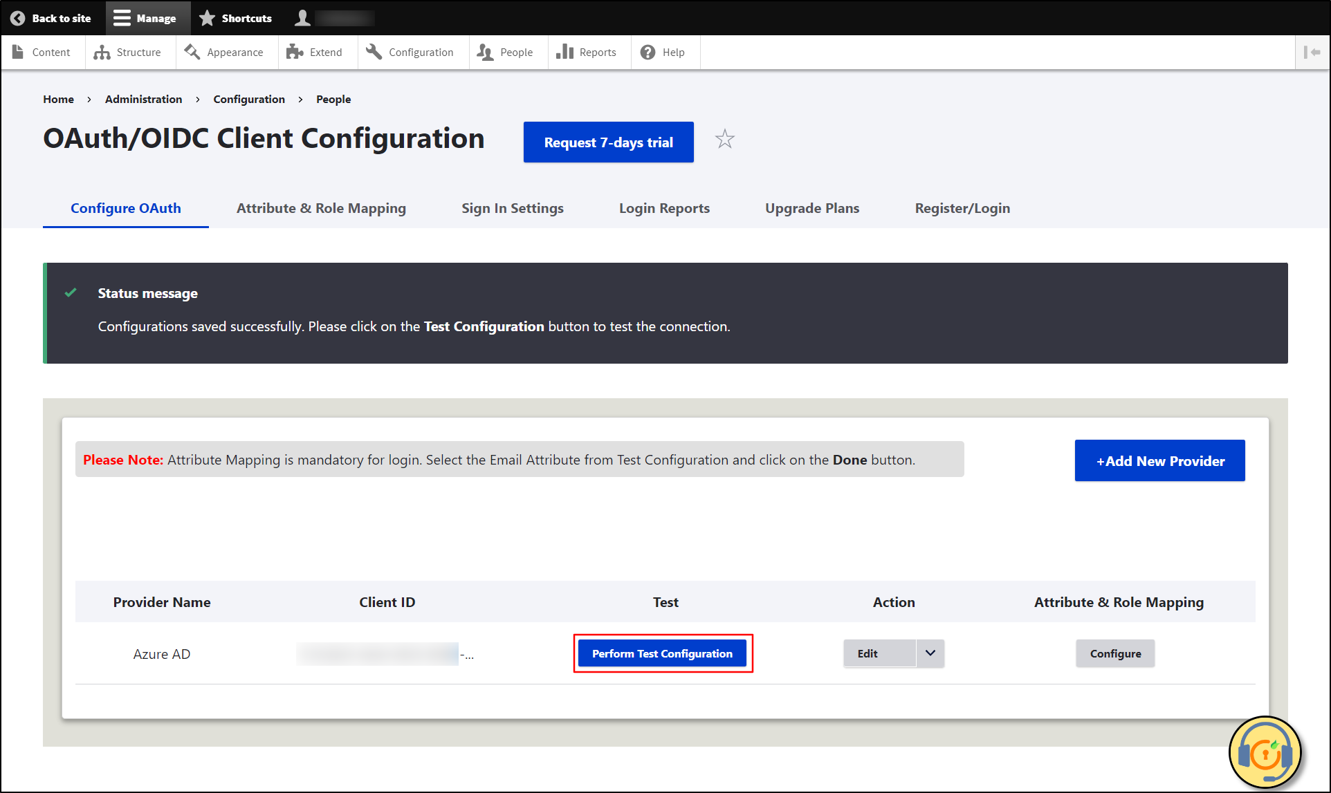 Drupal OAuth/OpenID Connect Login - Click on Perform Test Configuration 