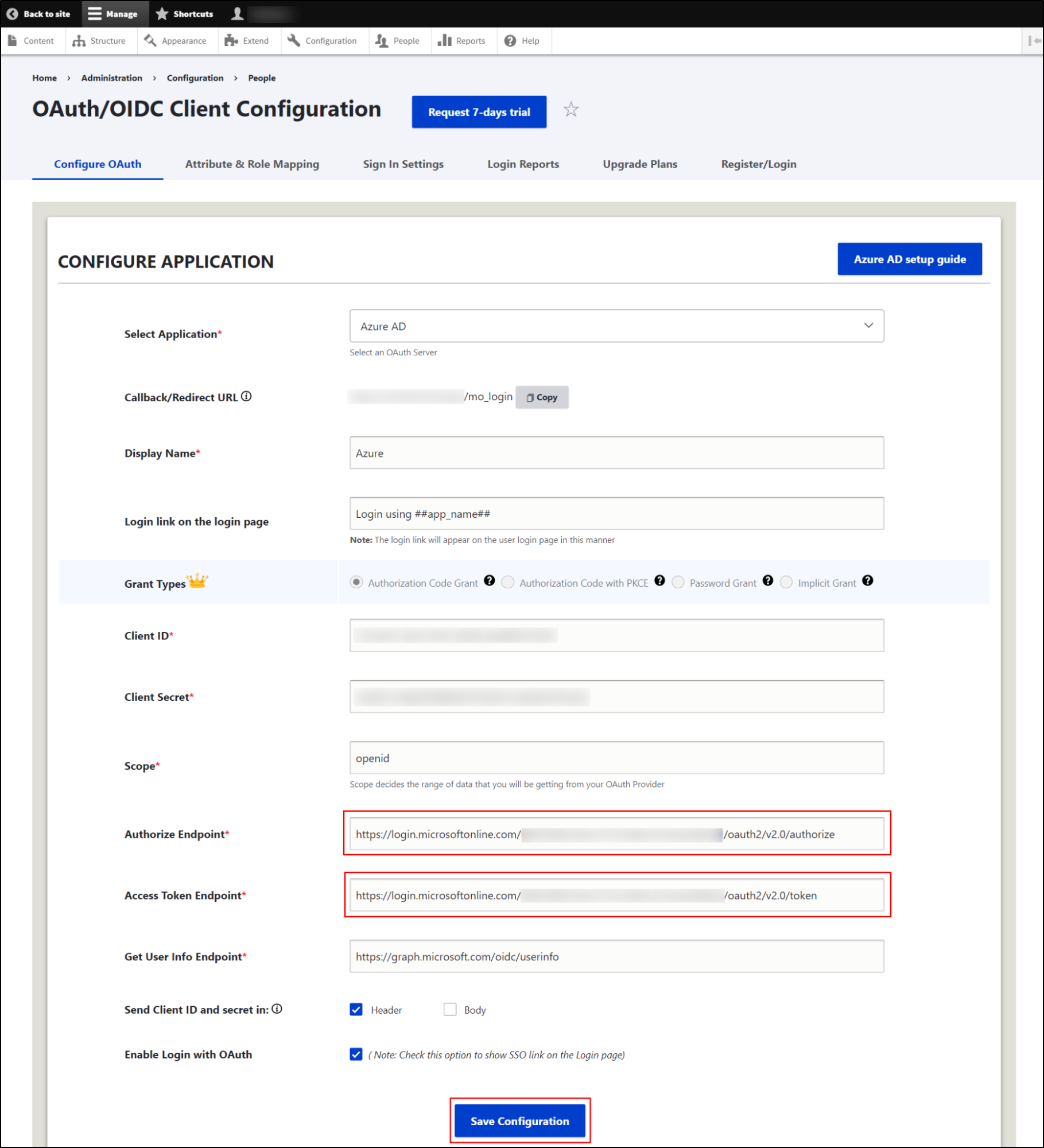 Drupal OAuth/OIDC SSO Login - Replace it tenant-ID into the Authorize Endpoint and Access Token Endpoint