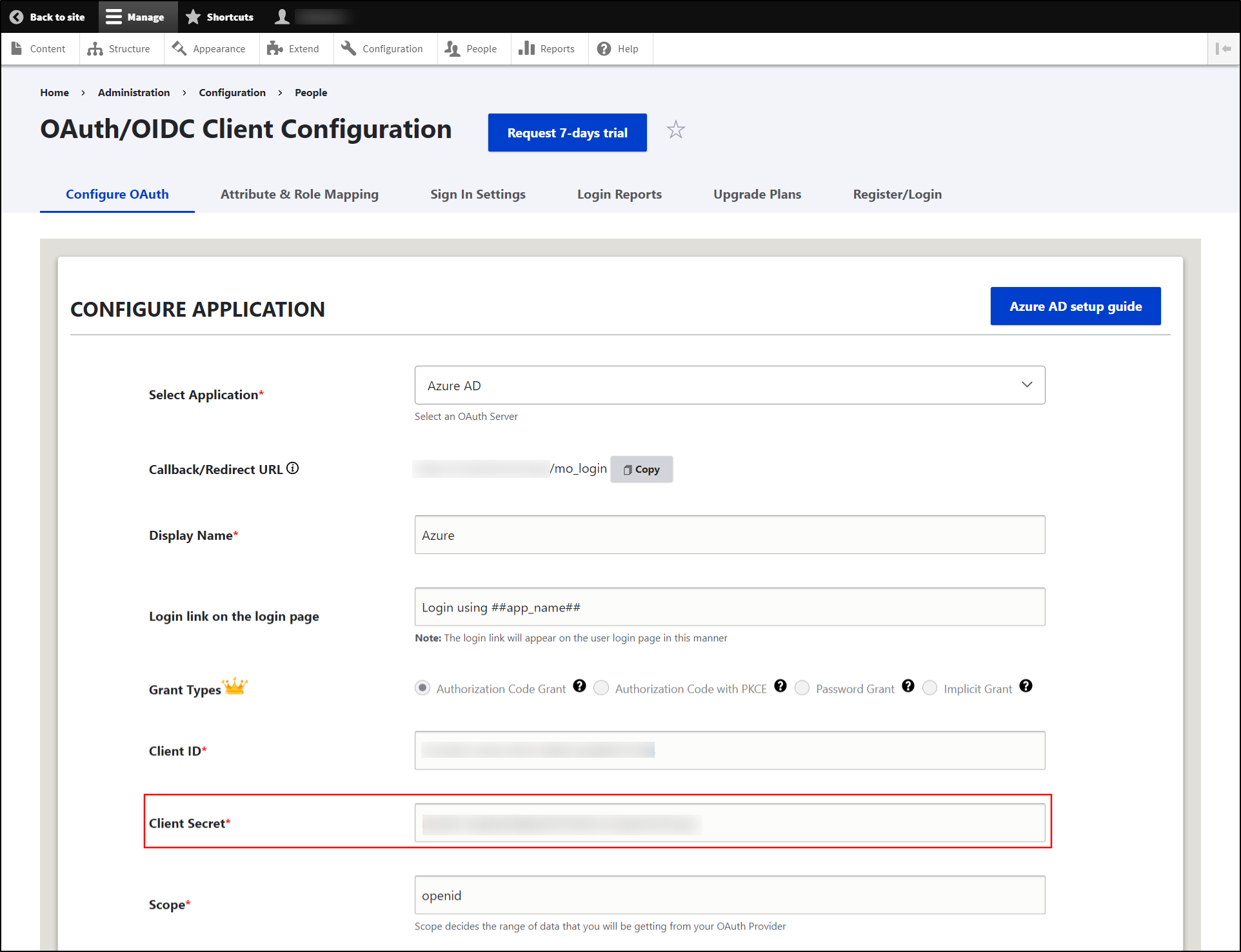 Drupal OAuth OpenId Connect SSO Login - Paste the copied value into the Client Secret text field