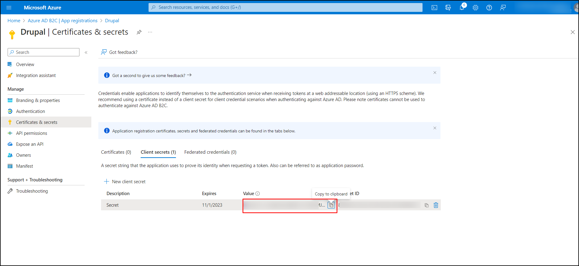 Microsoft-Azure-OAuth-SSO-Login-Copy-Value-from-Client-secrets-tab