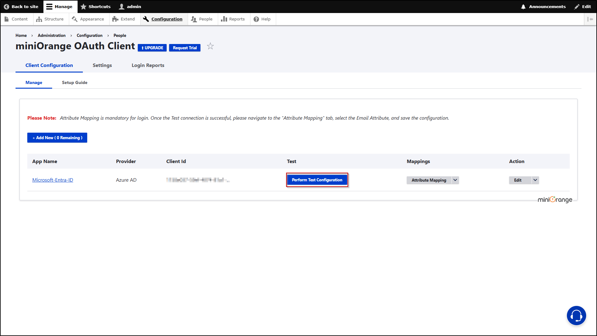 Drupal OAuth/OpenID Connect Login - Click on Perform Test Configuration