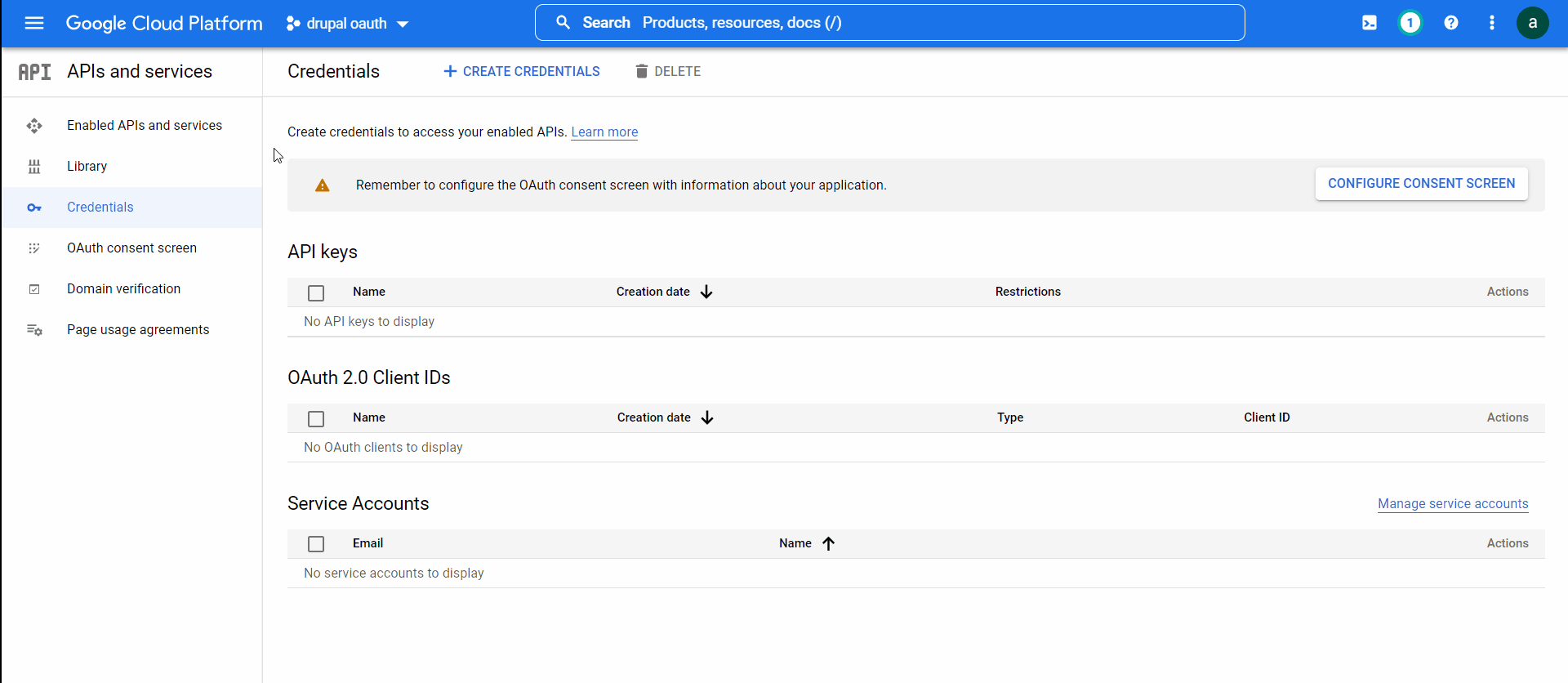 Drupal OAuth Client Login module - Click on Create Credentials