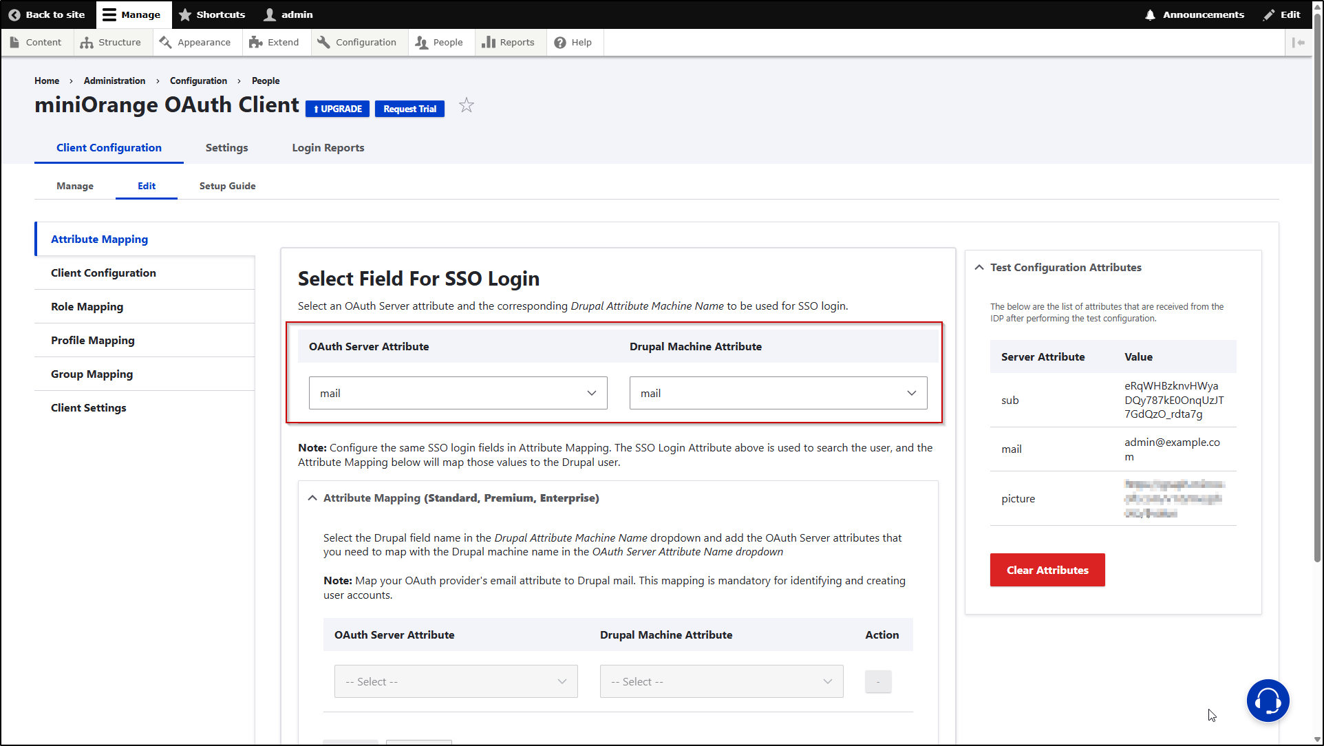 Drupal OAuth Single Sign-On - In Attribute & Role Mapping tab select Username Attribute