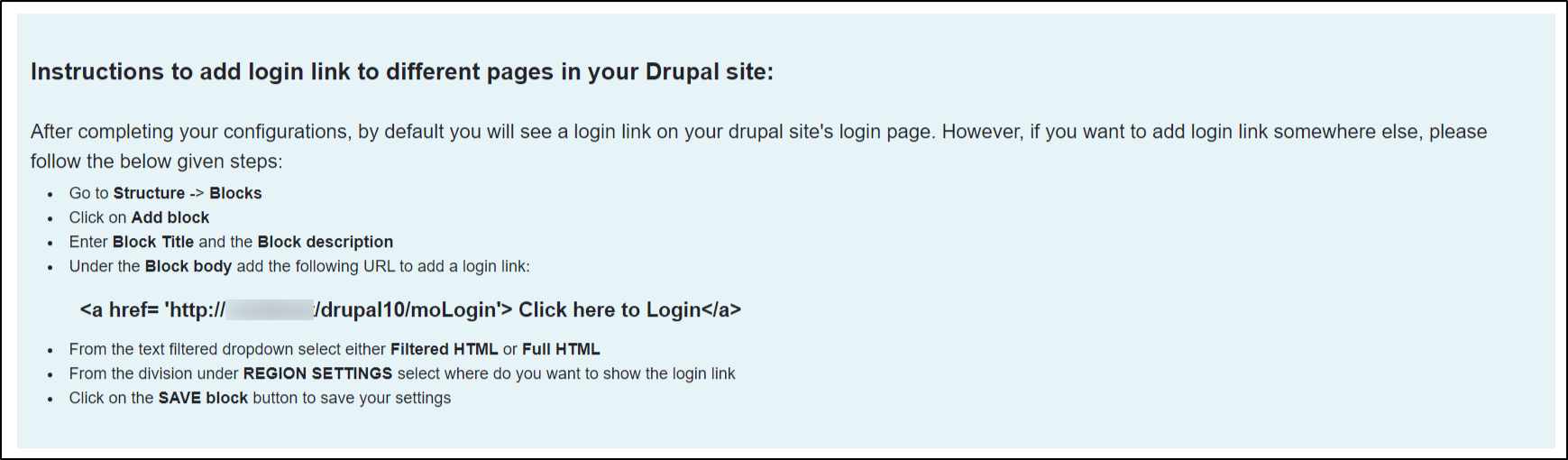 Drupal OAuth SSO Login - Configure OAuth - Scroll down and see the instruction to add login link to different pages in your Drupal site