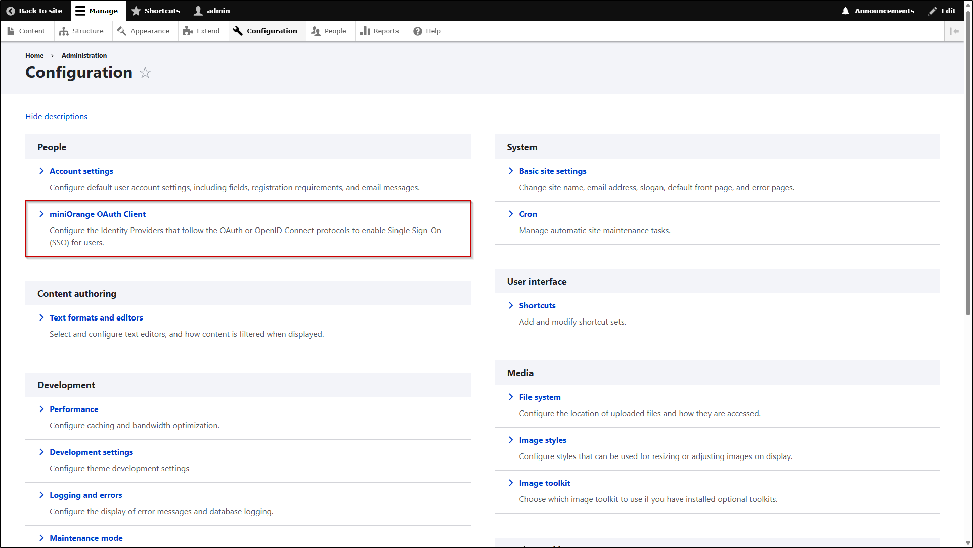 Select miniOrange OAuth Client Configuration from the Configuration tab