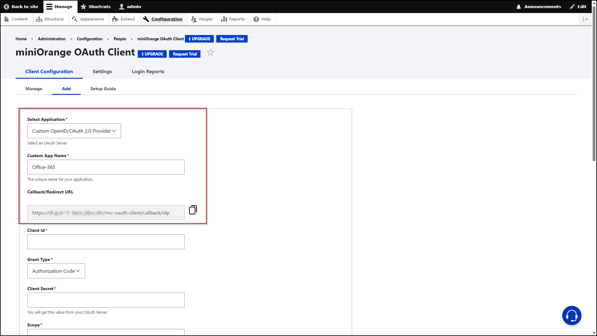 On the Configure OAuth tab - Select Application and copy Callback URL
