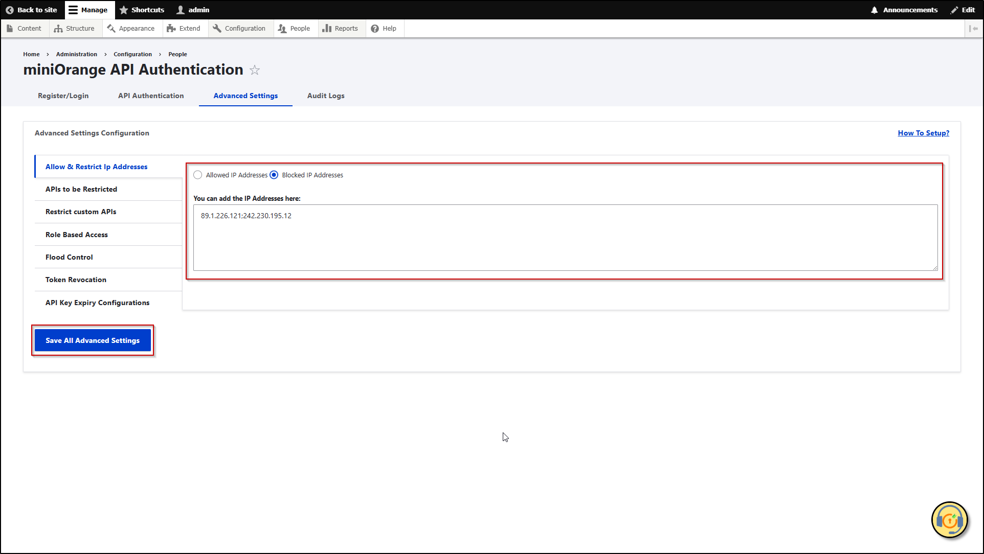 Drupal-RESTAPI-Expand Allow & Restrict IPs Section and select action