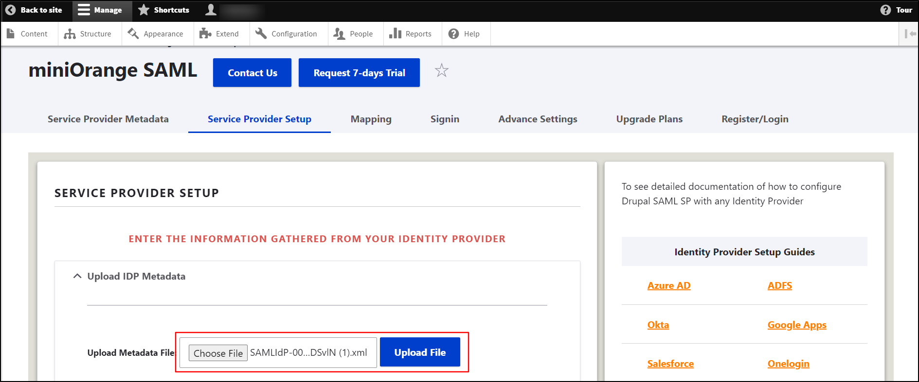Drupal-SAML-Single-Sign-On-Upload-Salesforce-IdP-metadata