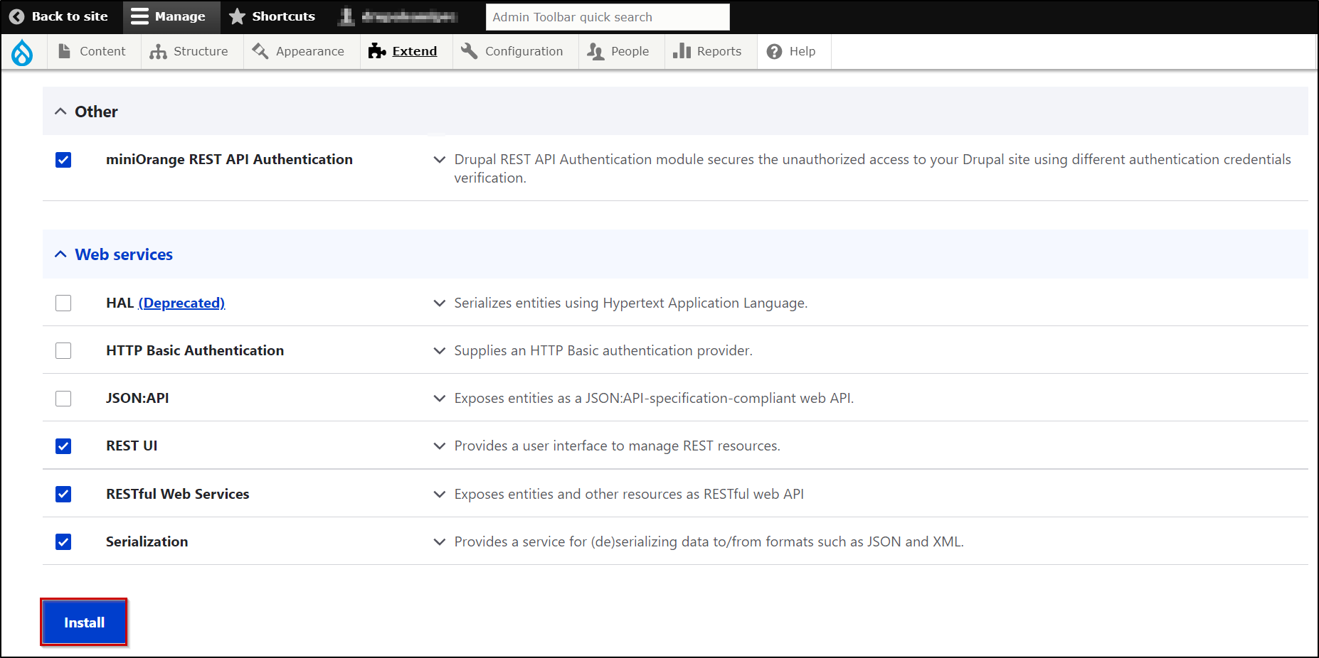 drupal rest api enable modules checkbox