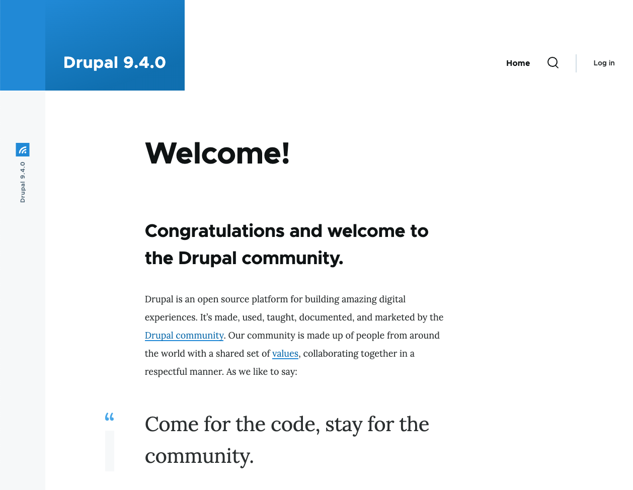 New Olivero start screen welcoming the site owner to the Drupal community