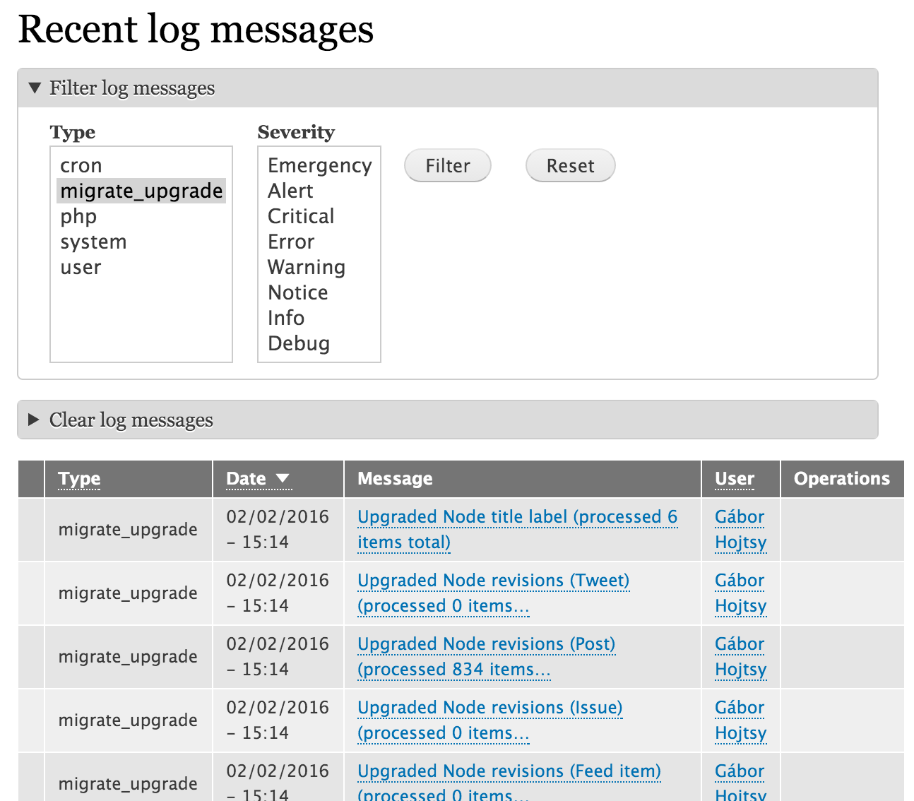 Logs from the Drupal Upgrade process
