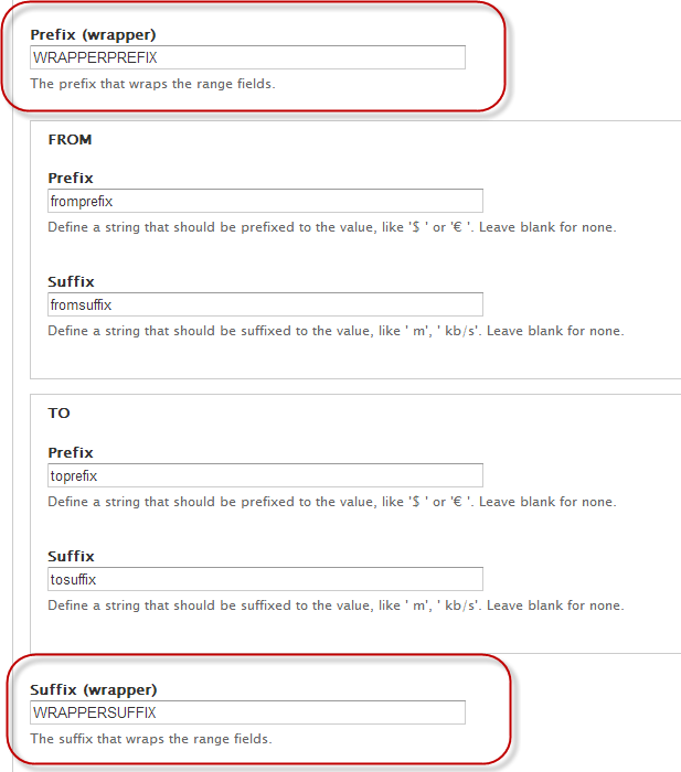 provide separate prefix and suffix values for the start and end suffix form