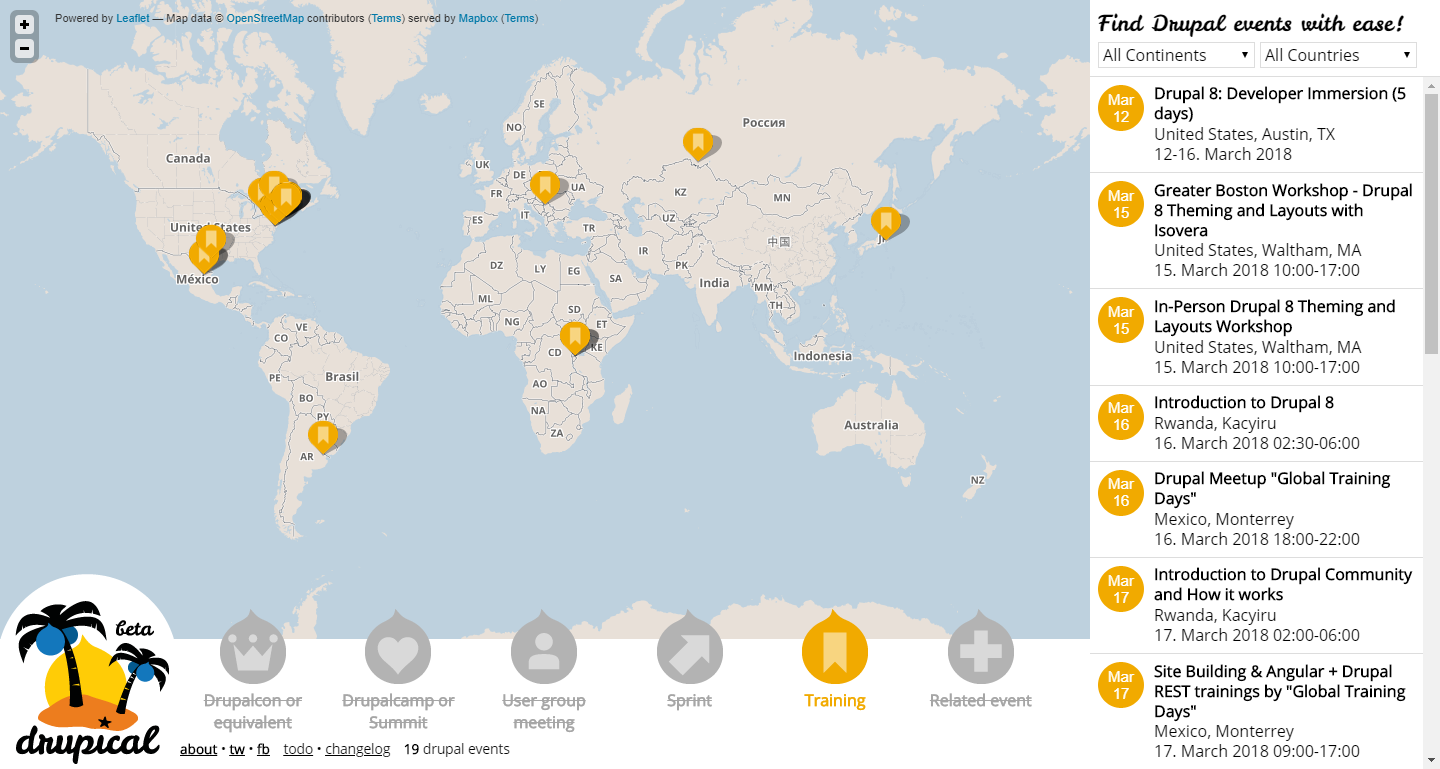 Drupical.com shows training events around the world