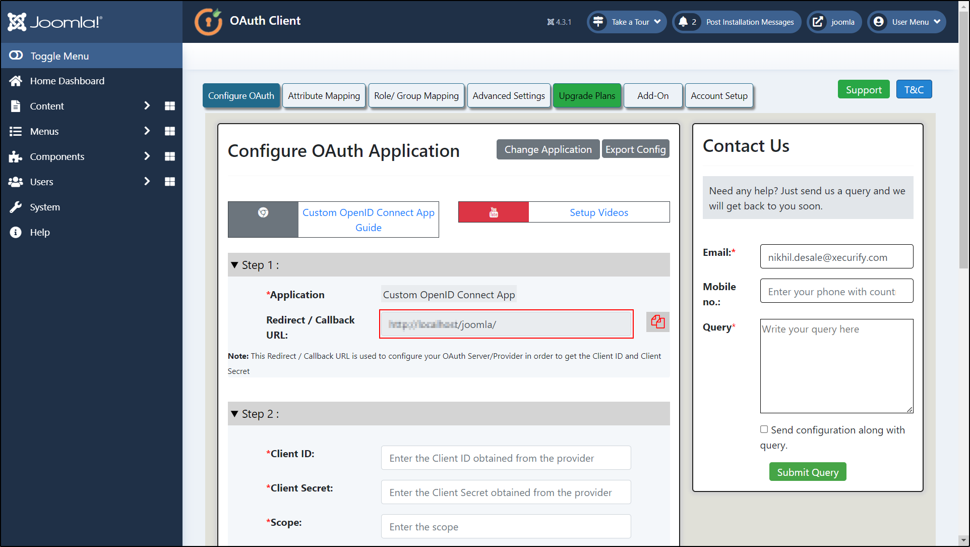 Joomla OAuth Client Copy Callback URL
