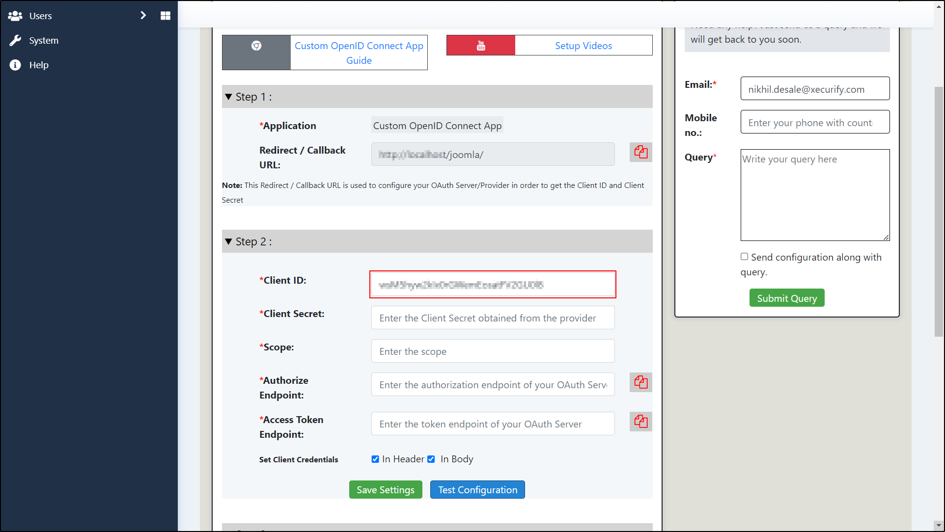 Joomla OAuth Client Enter Client ID
