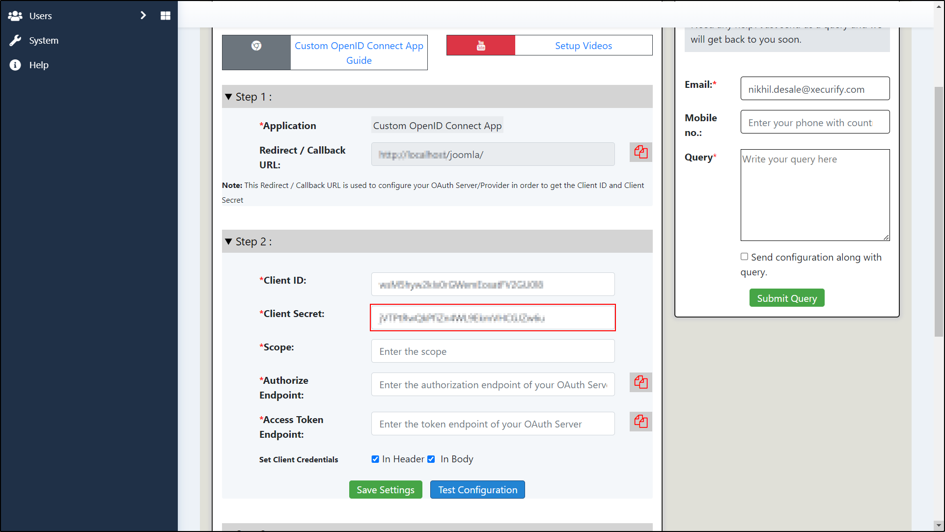 Joomla OAuth Client Enter Client Secret