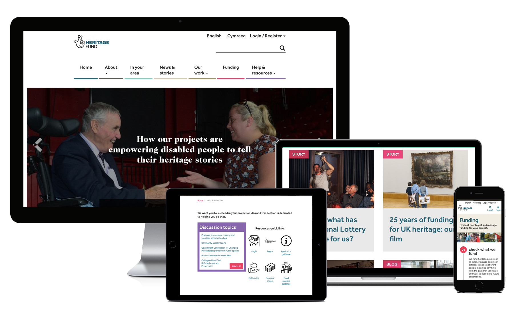 Desktop, Macbook, tablet and iPhone showing pages from Heritage Lottery Fund's Website