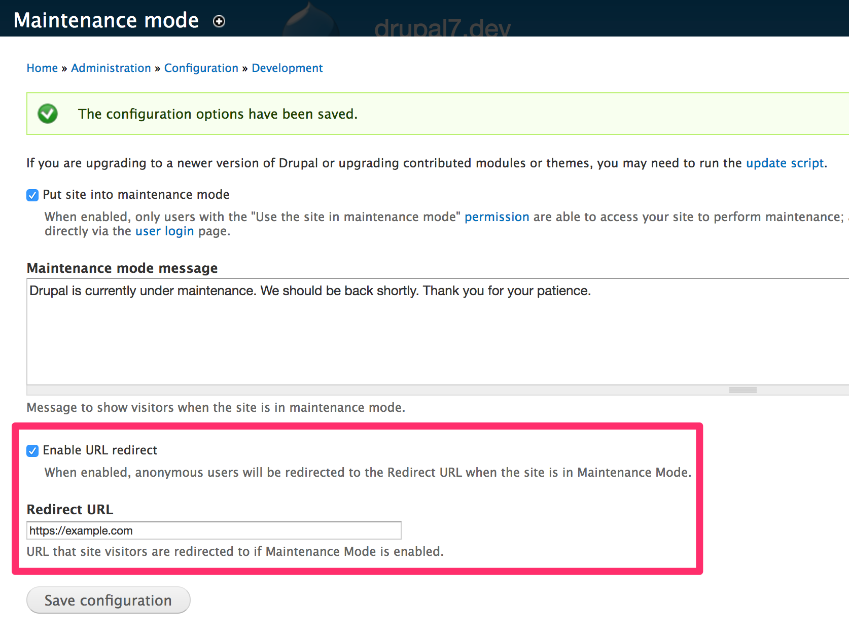 Maintenance Mode configuration page