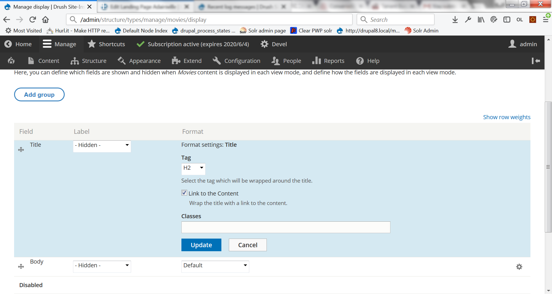 Manage Display tab with title formatter