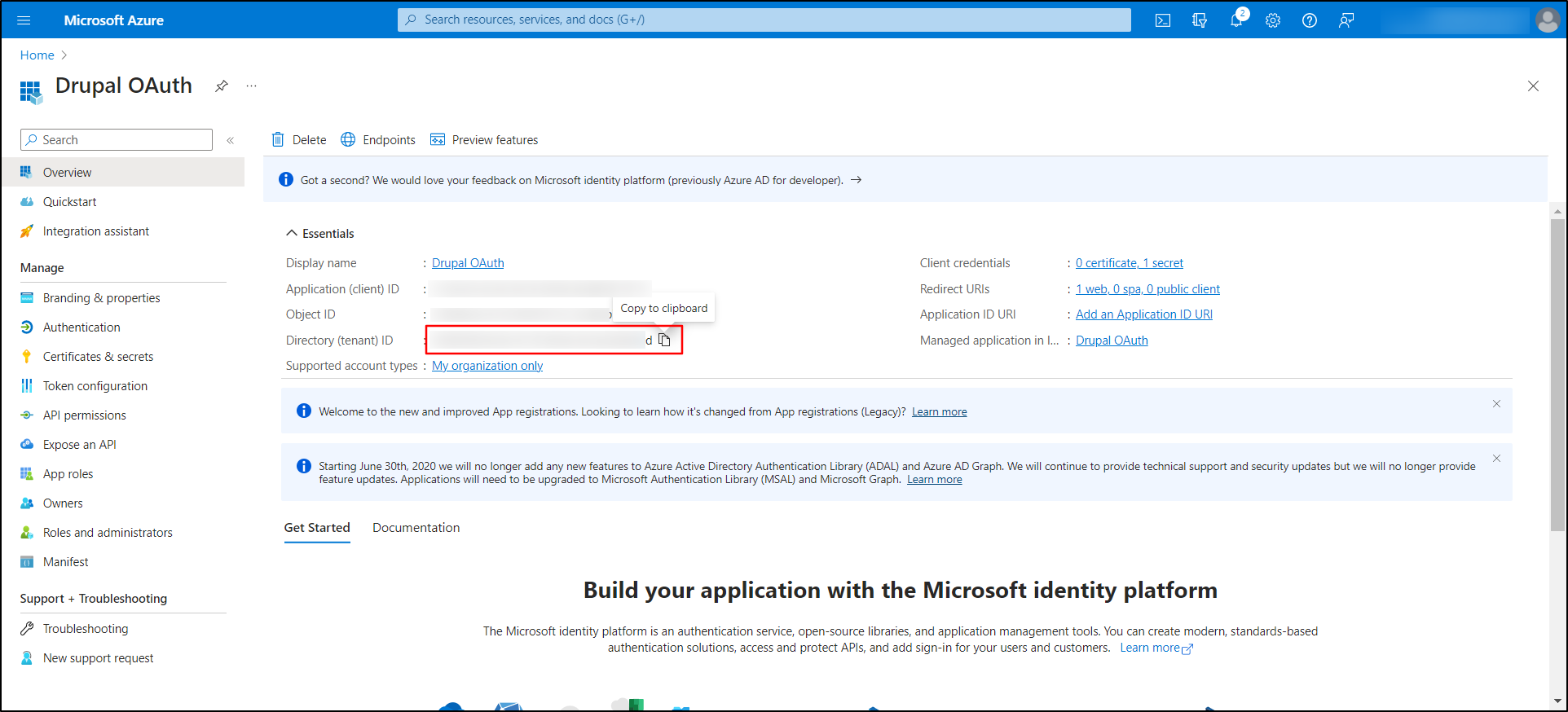 Microsoft Azure Portal - Copy the Directory (tenant) ID