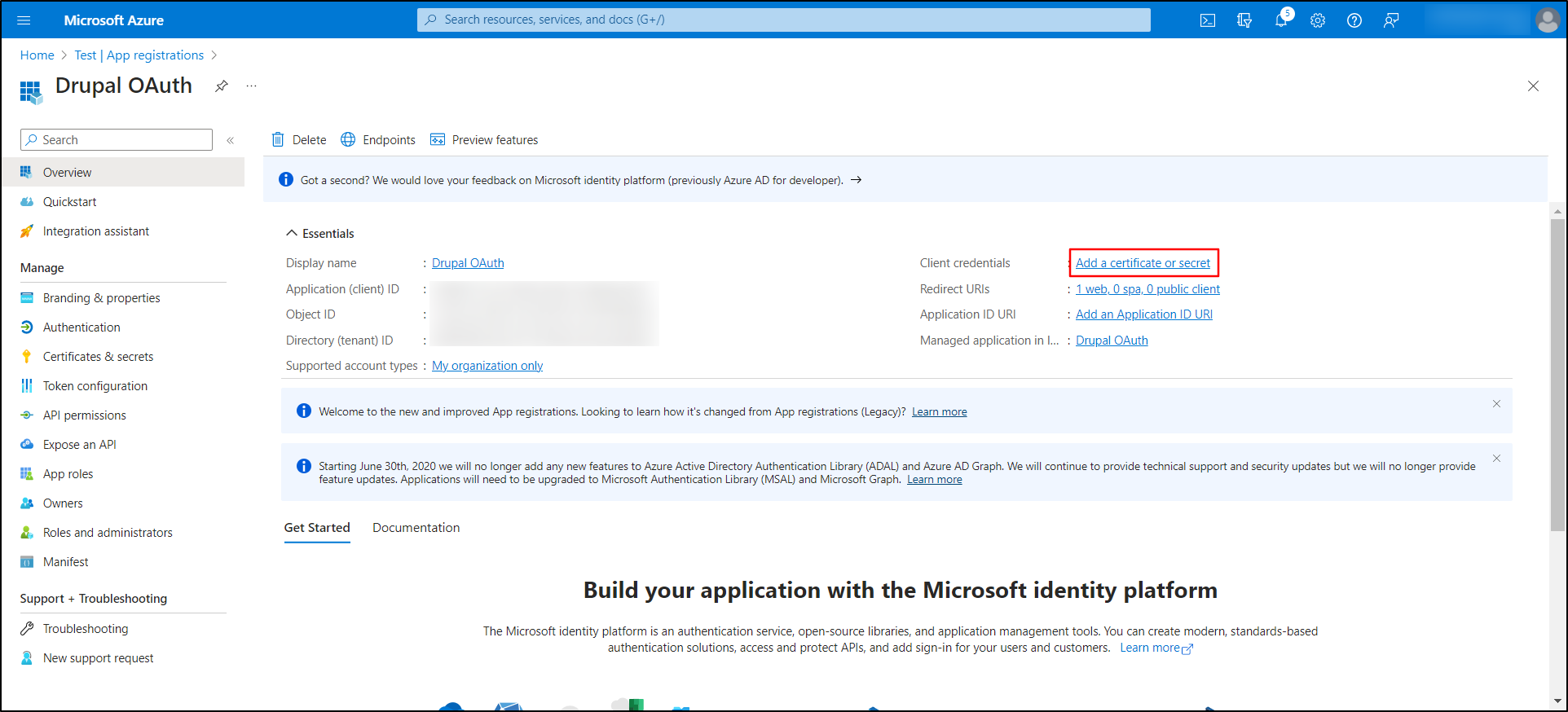 Microsoft Azure Portal - Click on Add a certificate or secret
