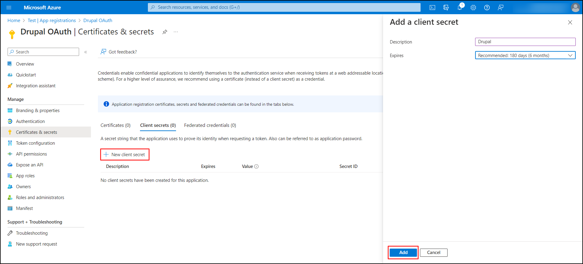 Microsoft Azure OAuth SSO Login - Click on New client secret button