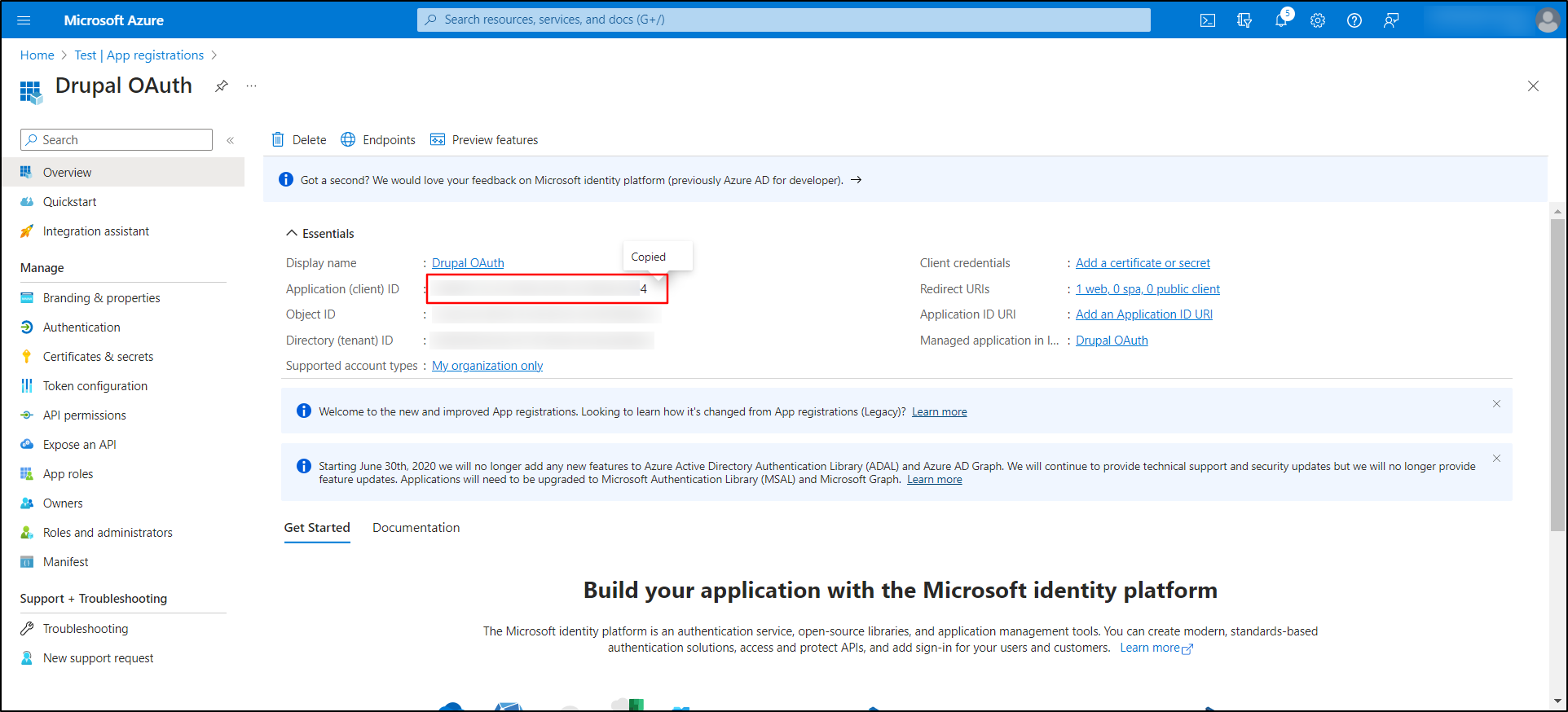 Microsoft Azure OAuth Single Sign-On - Copy the Application (client) ID