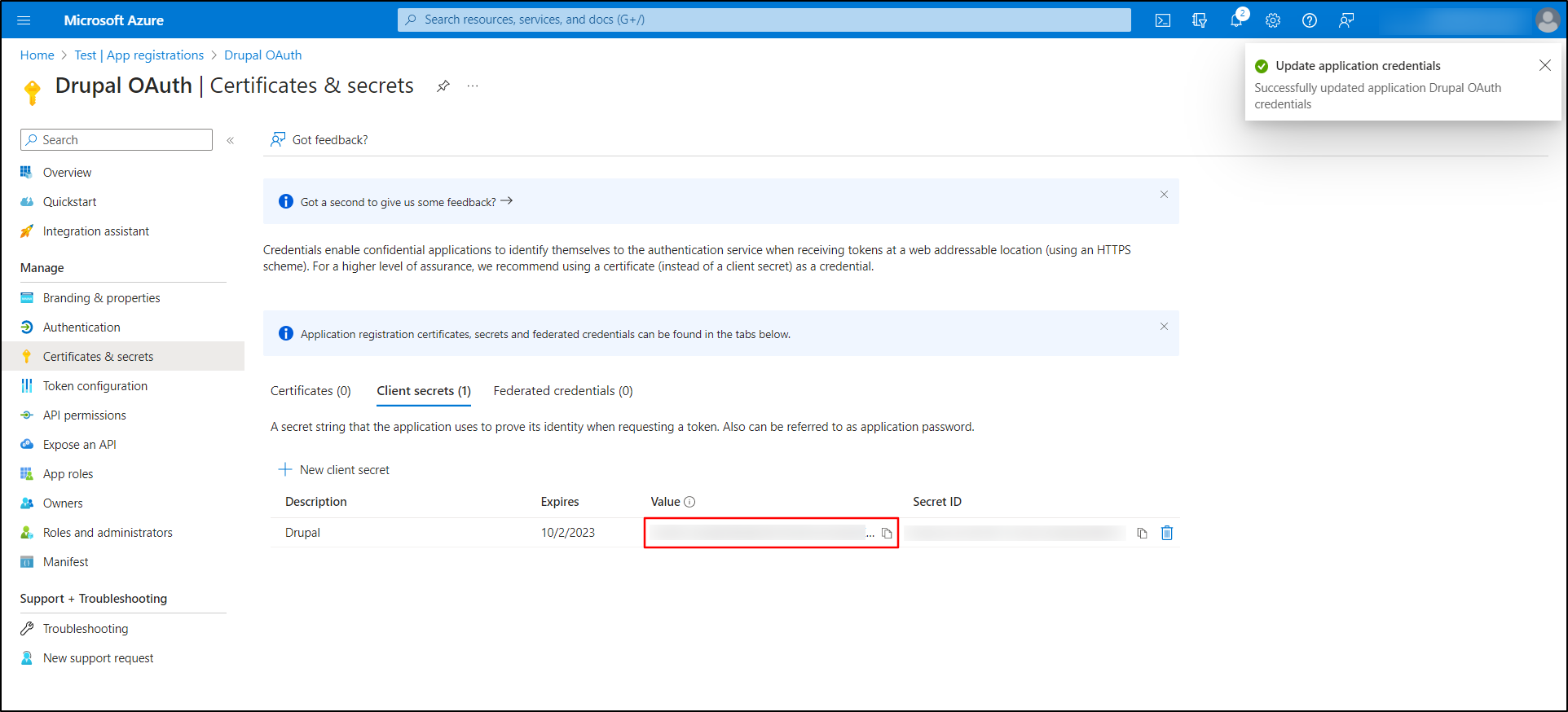 Microsoft Azure OAuth SSO Login, Copy the Value from the Client Secrets tab