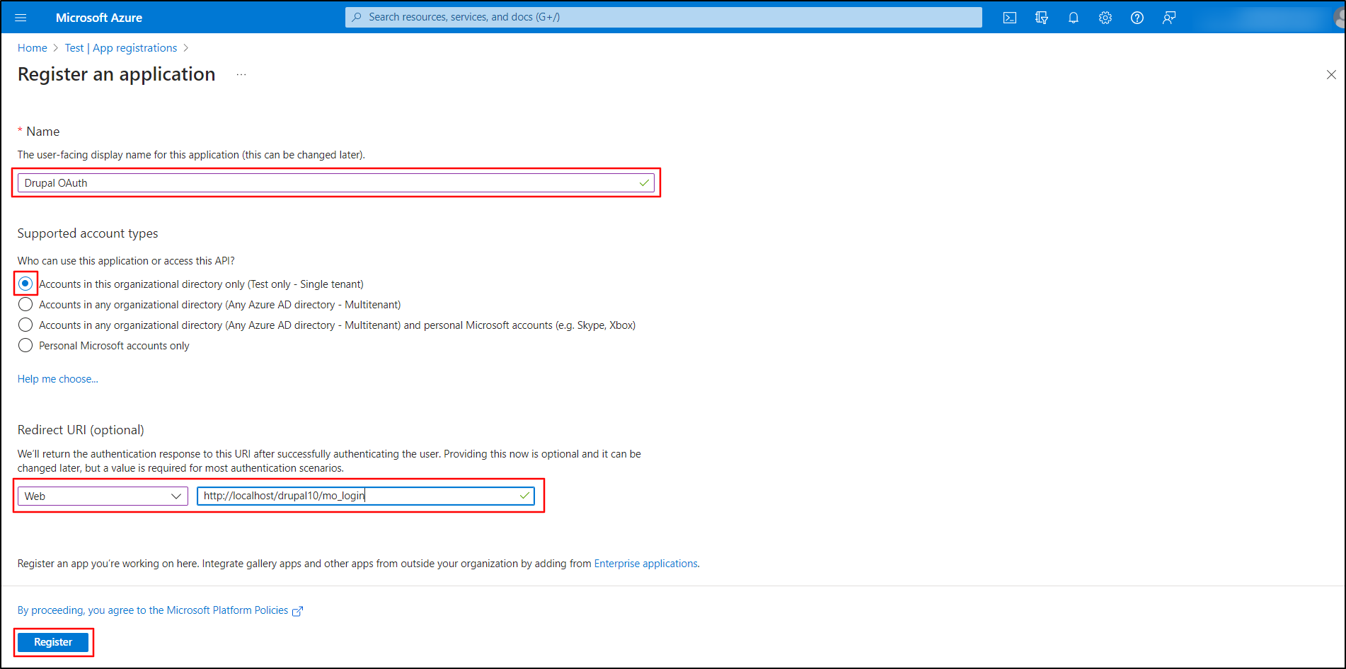 Microsoft Azure - On the Register an Application, enter the Name and select Supported account types
