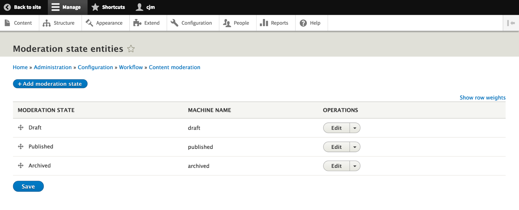 Moderation states editor screen in Drupal 8.2.0