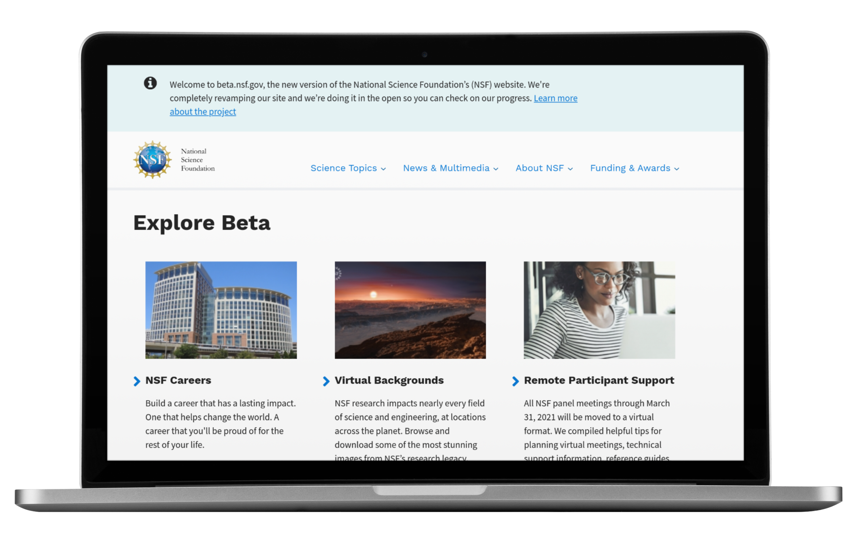 Image: The NSF Beta website. A modern and sleek design with vibrant colors. 