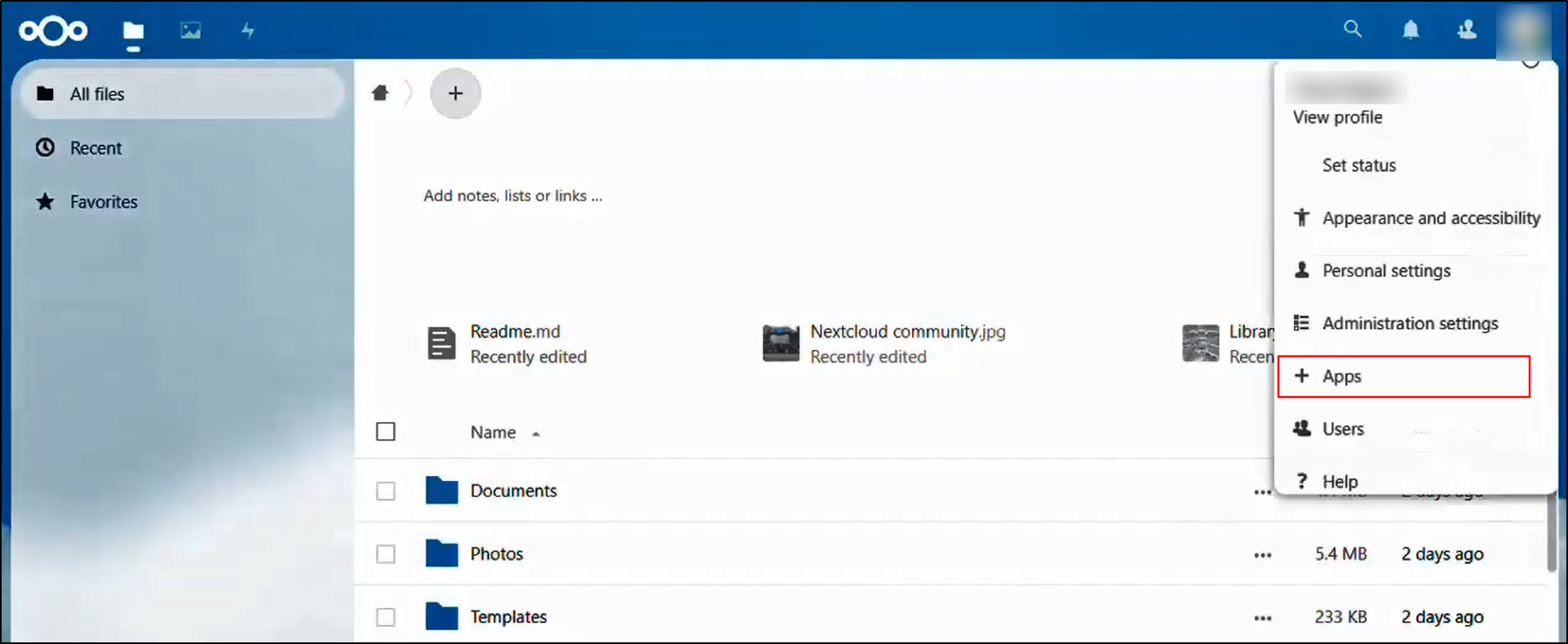 Nextcloud-SAML-Single-Sign-On-Click-on-Profile-icon-then-select-Apps