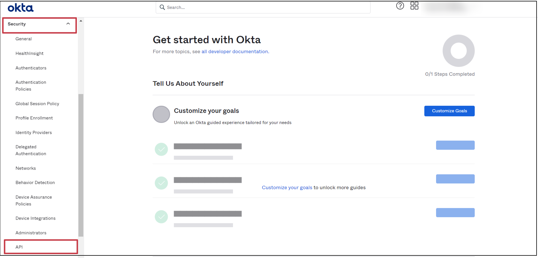 okta user sync and provisioning - generate the okta bearer token, click on security from left navigation bar, and click on API